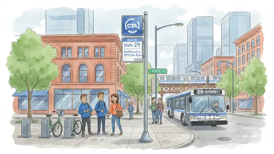 CTA bus stop sign showing Route 29 service information with Chicago street corner in background