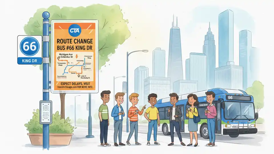 CTA bus route detour sign posted at bus stop showing alternate service information