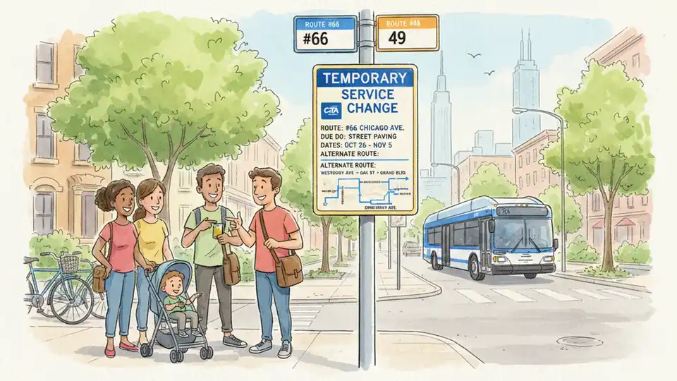 CTA bus route detour sign posted at Chicago bus stop showing temporary service changes and alternate route information
