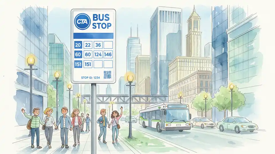 CTA bus stop sign with route numbers in downtown Chicago Loop district