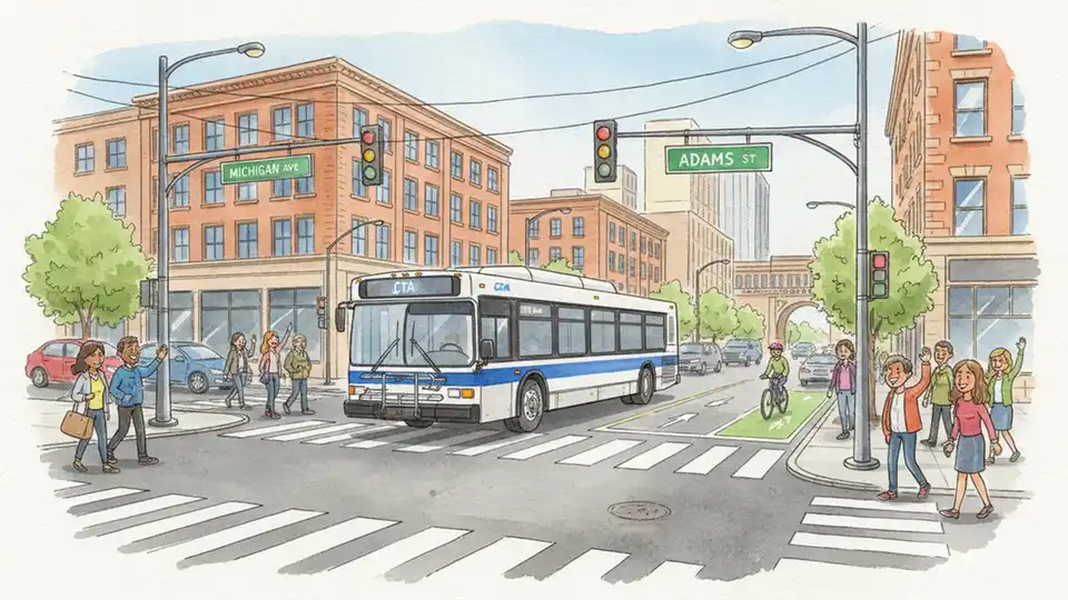 Chicago Transit Authority bus at urban intersection with traffic signals and street signs