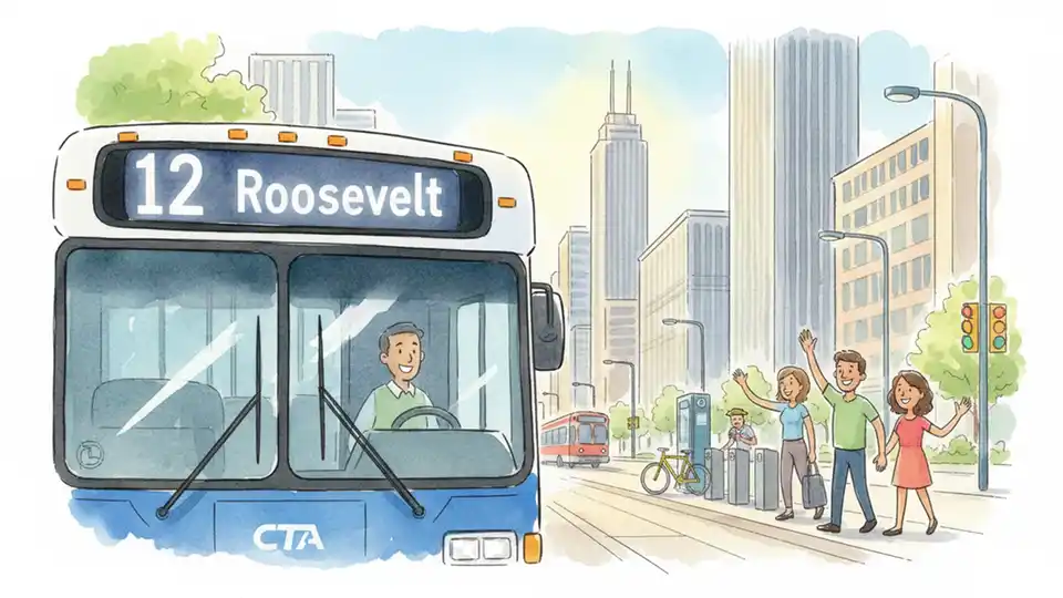 Close-up view of CTA bus route number sign showing route 12 Roosevelt with downtown Chicago street in background