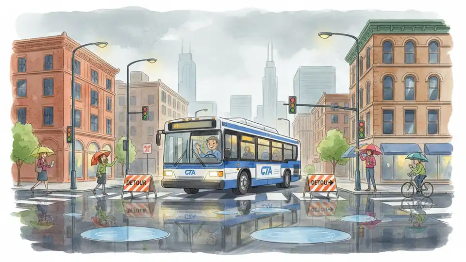 Chicago Transit Authority bus at intersection with detour signage during wet weather conditions