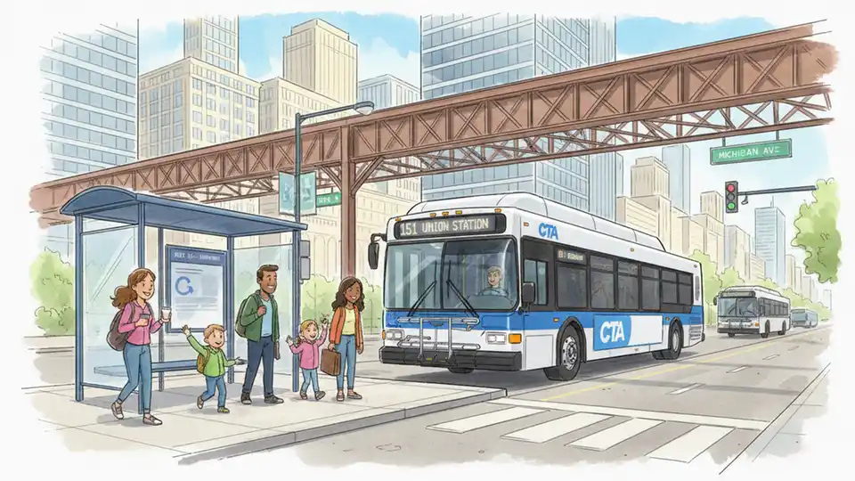 Chicago Transit Authority bus at downtown stop with route number display visible