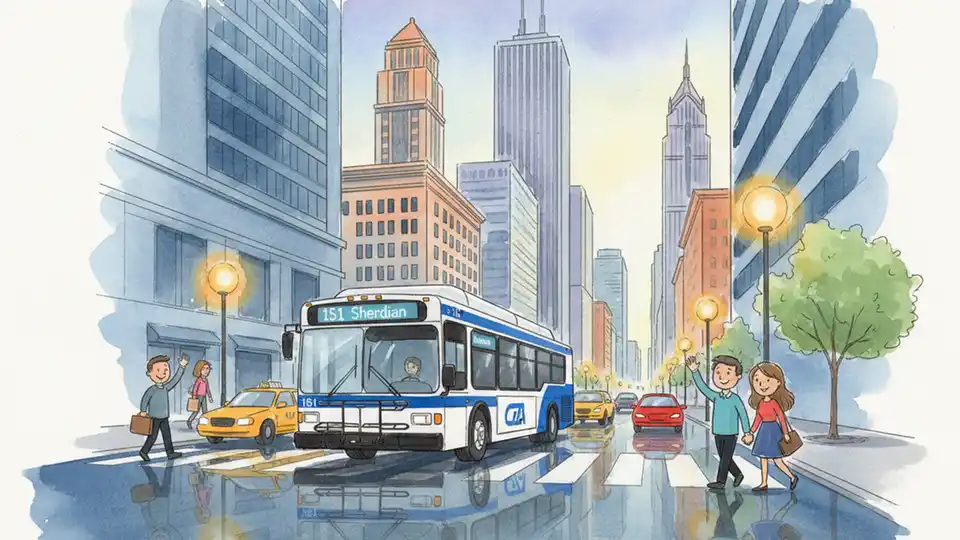 CTA bus navigating through downtown Chicago street with wet pavement visible