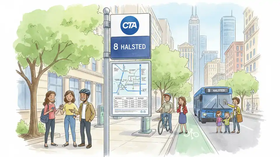Chicago Transit Authority bus stop sign for Route 8 Halsted with route map and schedule information visible