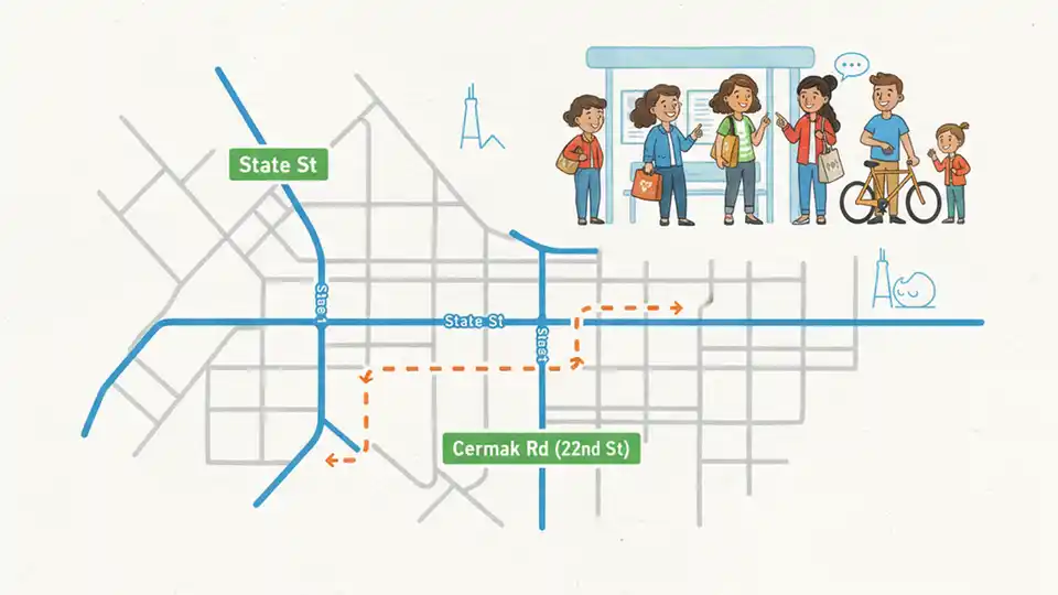 CTA route map showing bus detour path with street signs for State Street and Cermak Road