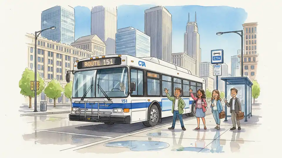 Chicago Transit Authority bus at downtown stop with route number display and passengers boarding
