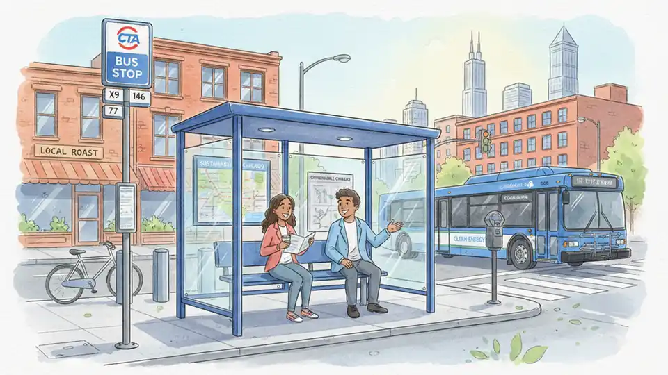 CTA bus stop sign and shelter at Chicago street corner with pedestrian crosswalk visible
