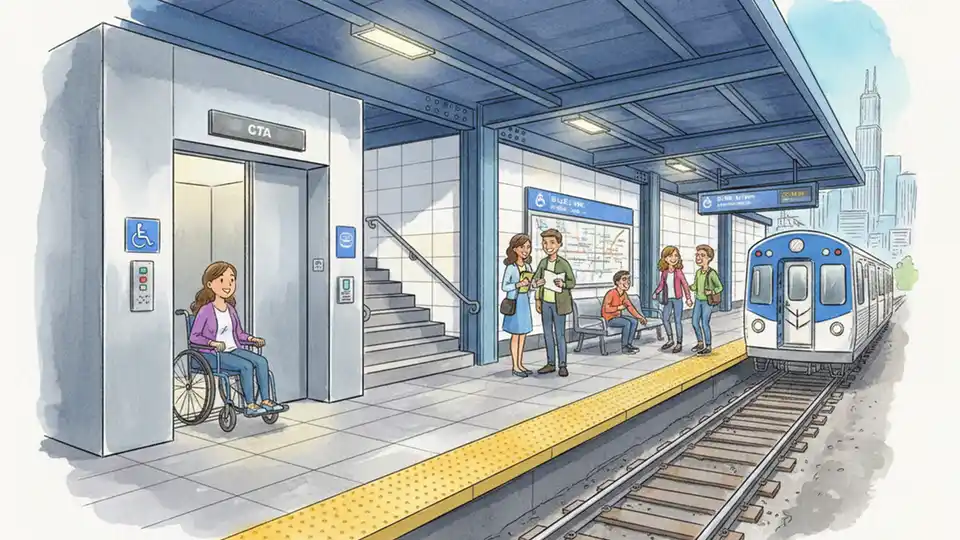 CTA train platform with elevator and accessibility signage, showing typical station layout with waiting passengers