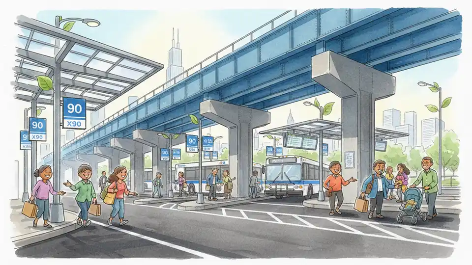 Harlem Blue Line station bus bridge showing multiple bus bays with route signage and covered passenger waiting areas