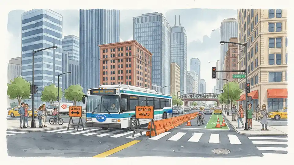 Chicago street intersection with CTA bus navigating downtown detour route