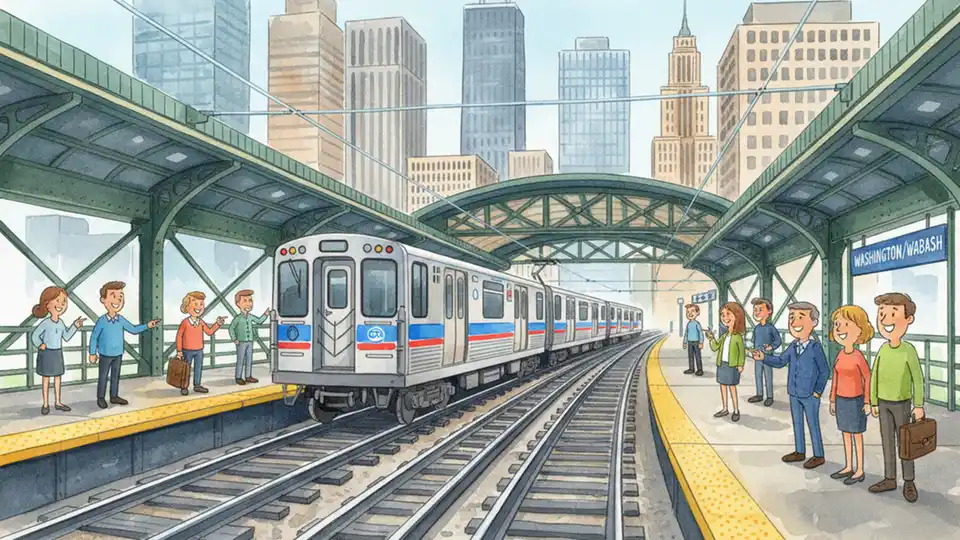 Chicago Transit Authority train approaching elevated platform at Washington/Wabash station in downtown Loop district, showing multiple rail lines converging at major transfer hub
