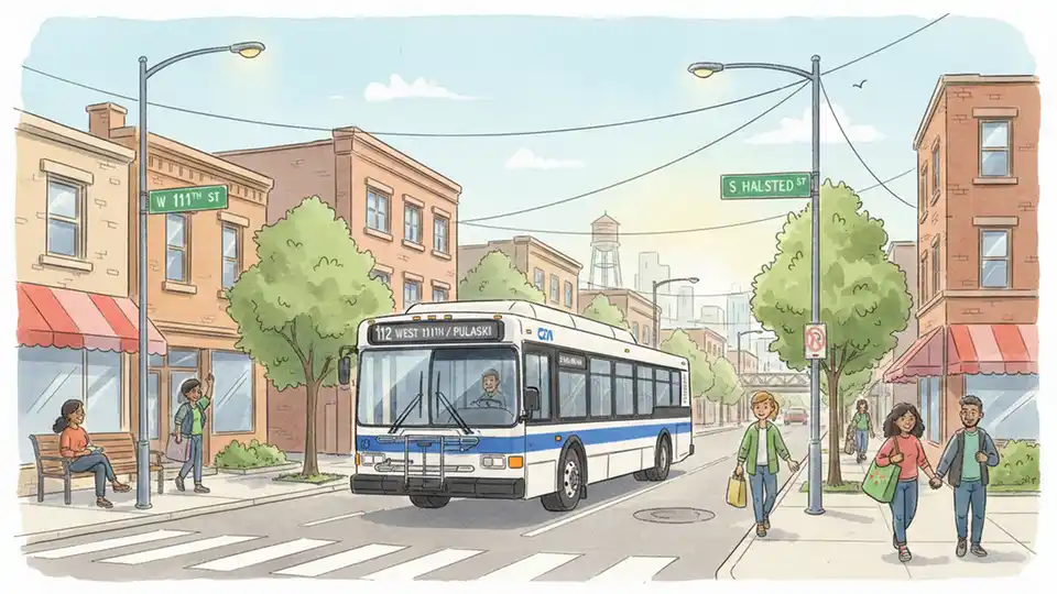 CTA bus route 112 traveling through Chicago's South Side neighborhood with street signs visible