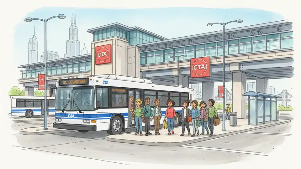 CTA bus at 95th Street Red Line station with passengers boarding during daytime