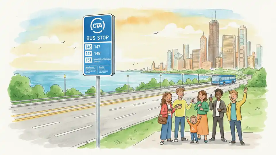 CTA bus stop sign on Inner Lake Shore Drive with route numbers displayed
