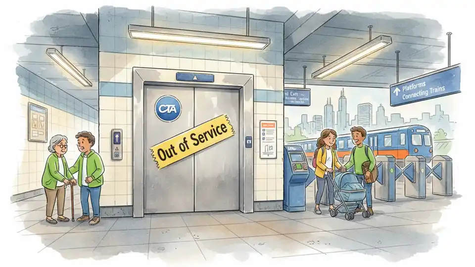 CTA elevator entrance at Chicago train station with out of service signage