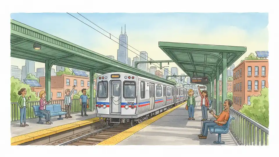 CTA train arriving at elevated station platform with passengers waiting