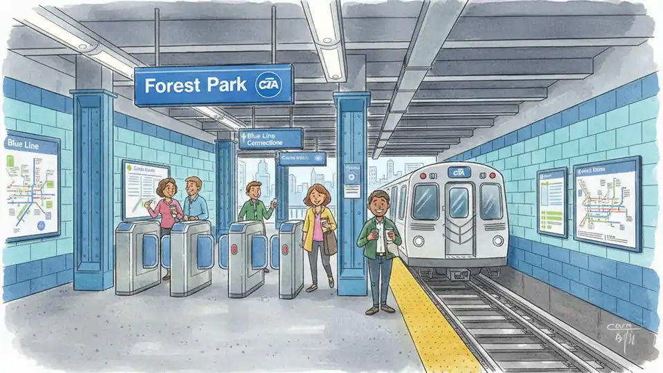 CTA Blue Line platform showing Forest Park-bound side with directional signage and fare gates