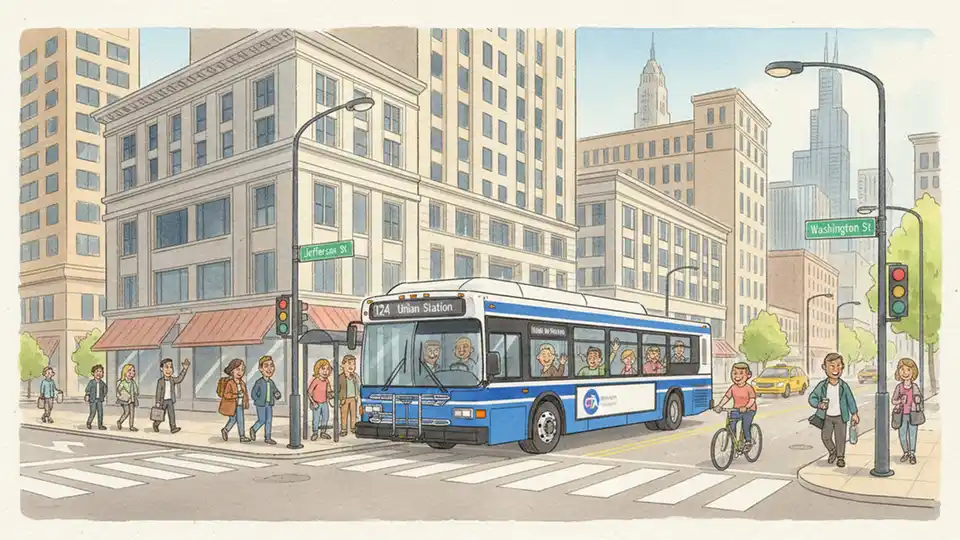 Chicago Transit Authority bus at Jefferson and Washington intersection in downtown Chicago during daytime