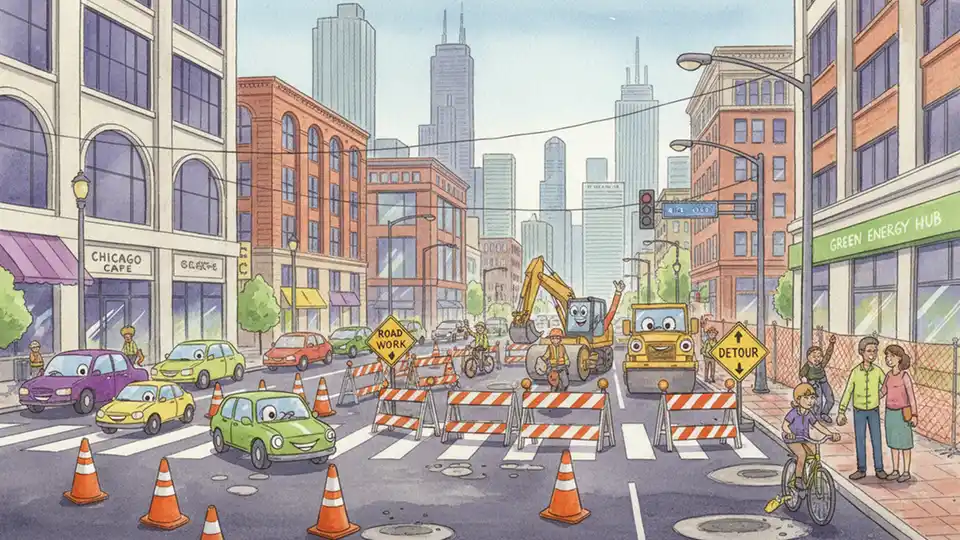 Construction barriers and equipment on urban street with detour signs, showing typical Chicago street infrastructure work zone with orange cones and closed lanes