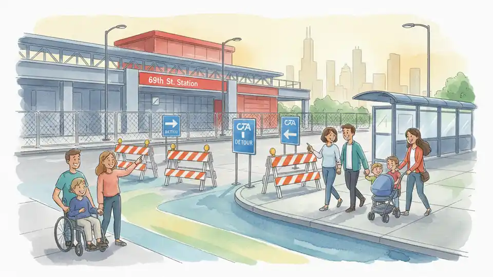 CTA bus terminal entrance at 69th Red Line Station showing closed off-street boarding area with construction barriers and detour signage visible