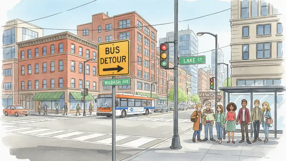 Chicago street intersection showing bus detour route with traffic signals and urban buildings