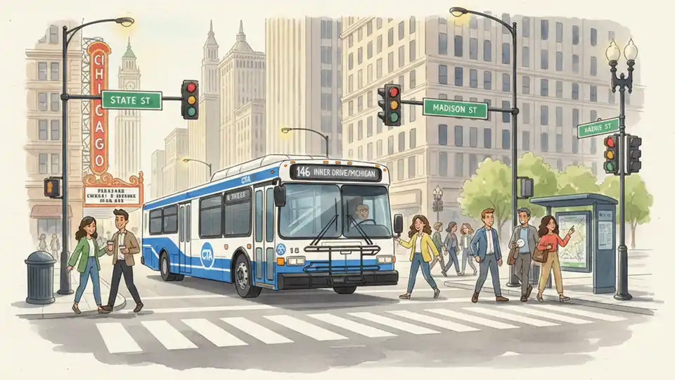 Chicago Transit Authority bus at downtown intersection with traffic signals and street signs visible