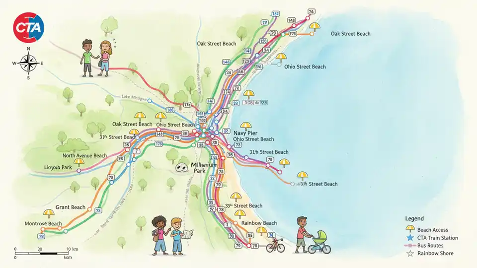 CTA route map showing bus routes connecting to Chicago lakefront beaches with Lake Michigan shoreline