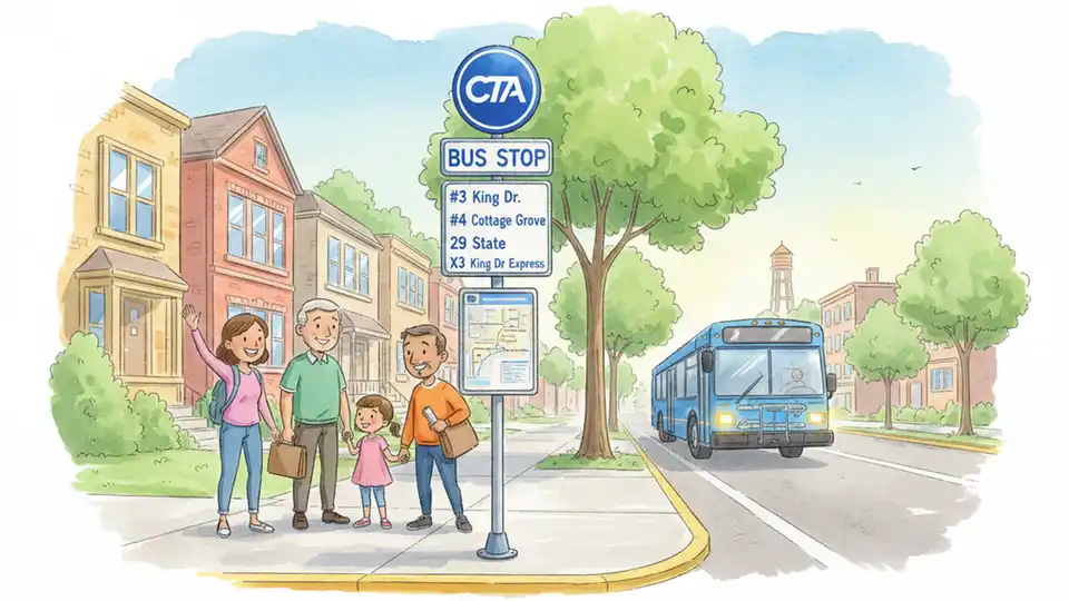 Chicago Transit Authority bus stop sign on South Side street with route information display