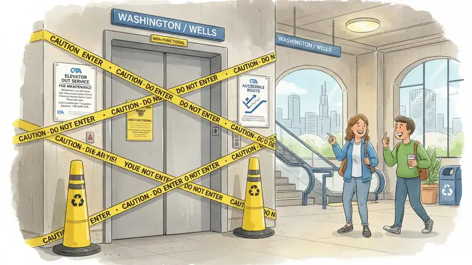 CTA elevator maintenance with yellow caution signage at Chicago transit station, showing typical out-of-service notification posted for riders