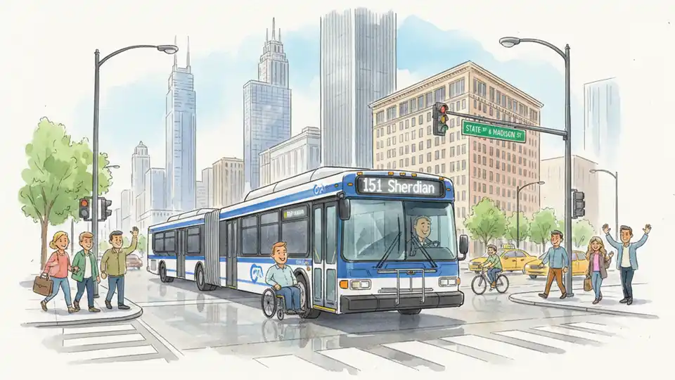Chicago Transit Authority bus at downtown intersection showing route number display and street signs