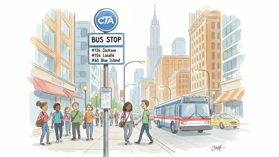 CTA bus stop sign on Jefferson Street in downtown Chicago with multiple route numbers displayed