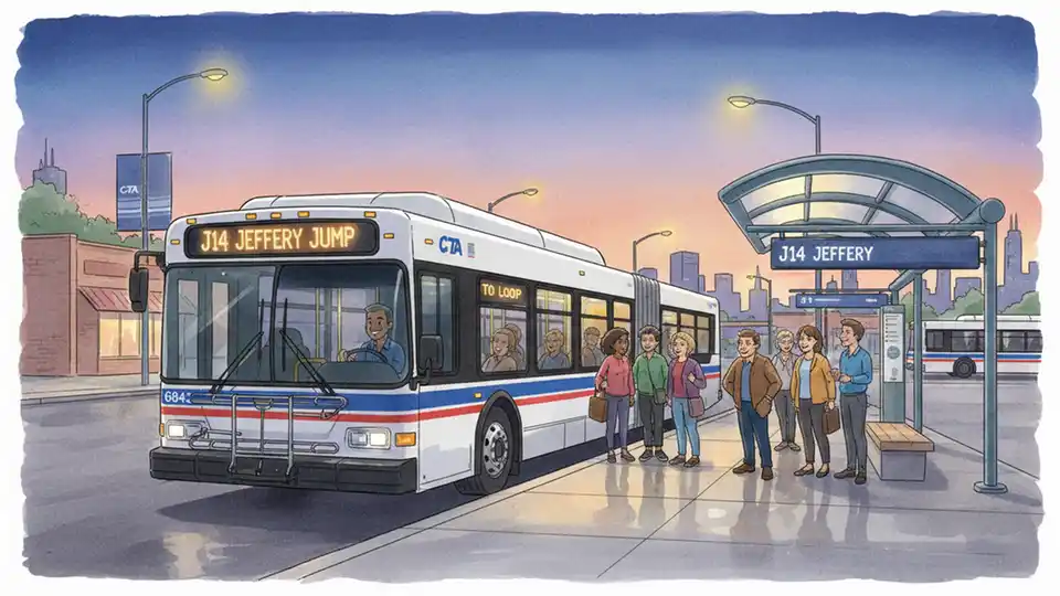 CTA J14 Jeffery Jump bus at 103rd and Stony Island terminal during evening hours with passengers boarding