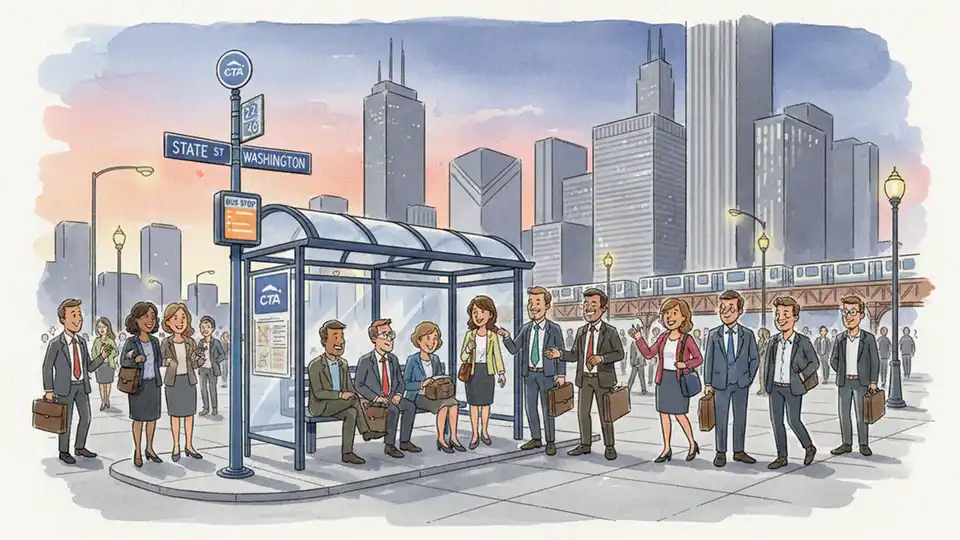 Downtown Chicago CTA bus stop at State and Washington with evening commuters waiting for bus service