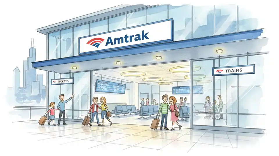 Modern Amtrak station entrance with signage and passenger waiting area in Midwest city