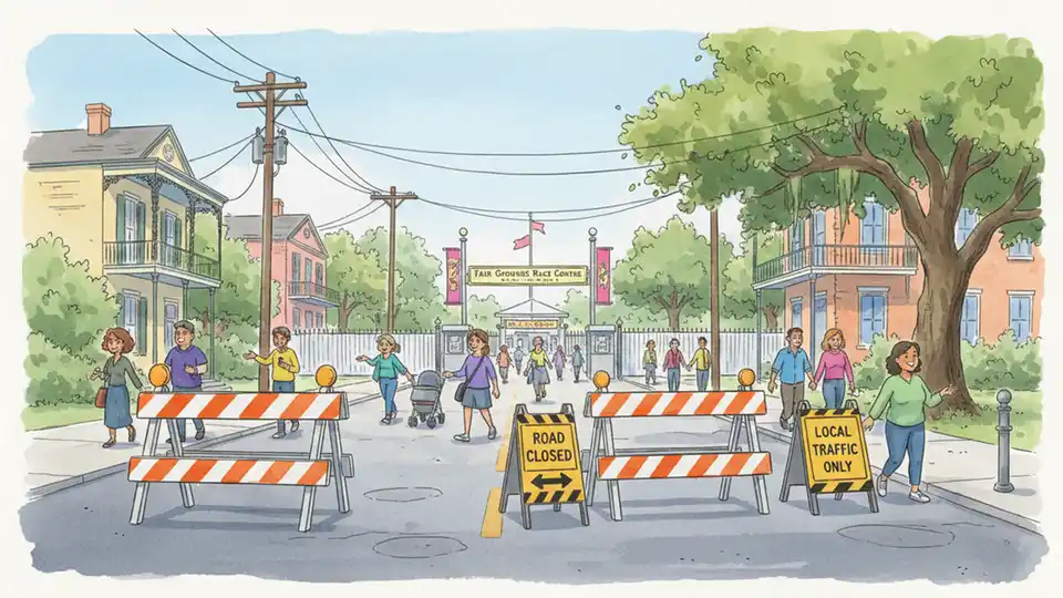 Street closure barricades and detour signs on Fortin Street near the Fair Grounds with pedestrians walking toward festival entrance
