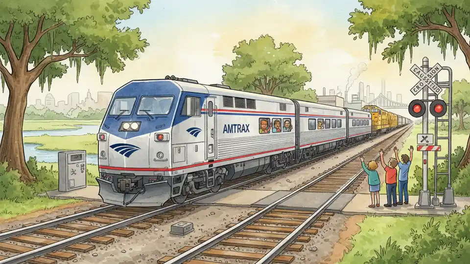 Amtrak passenger train on freight railroad tracks passing through Louisiana, showing collaboration between passenger rail service and freight rail infrastructure