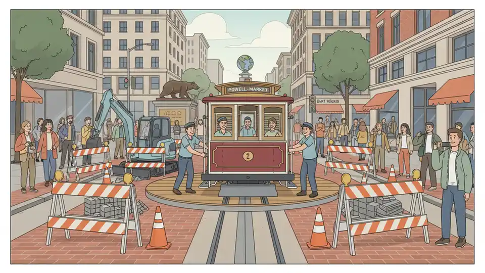 San Francisco Powell Street Cable Car turnaround at Powell and Market streets with construction equipment and safety barriers visible around the track area