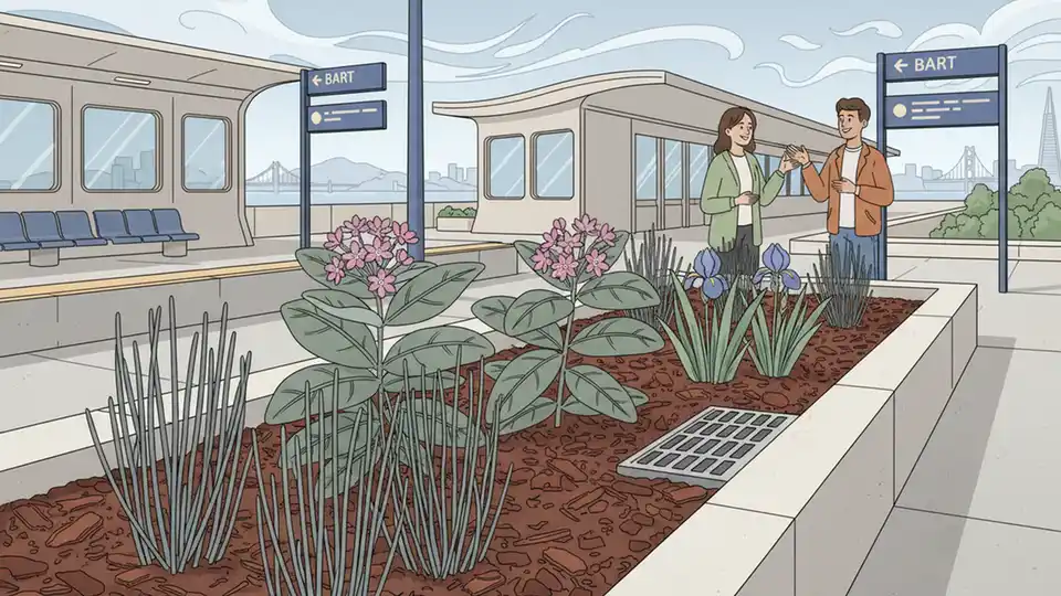 Close-up of bioretention planter at BART station showing native California plants including gray rush, showy milkweed, and Douglas iris with storm drain inlet visible