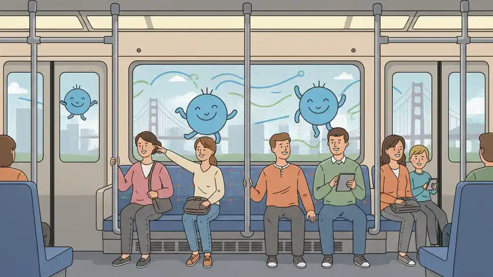 Interior view from inside a wrapped BART train car showing window visibility with blue BARTy mascot graphics visible on the exterior