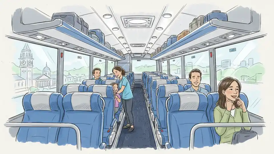 Interior of V/Line coach showing passenger seating and luggage storage area