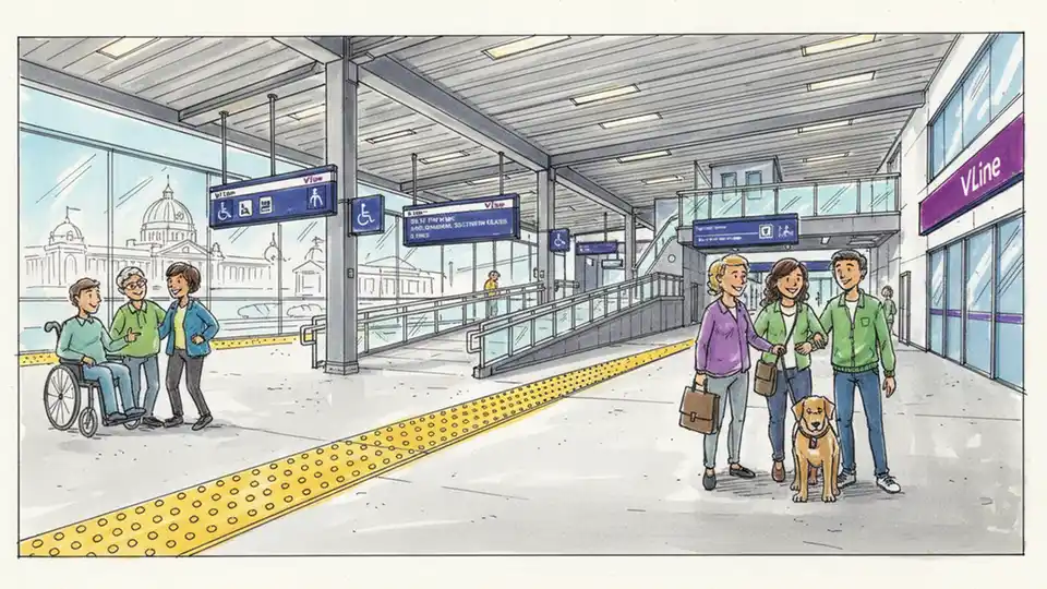 Interior view of V/Line station showing accessibility features including tactile paving and signage