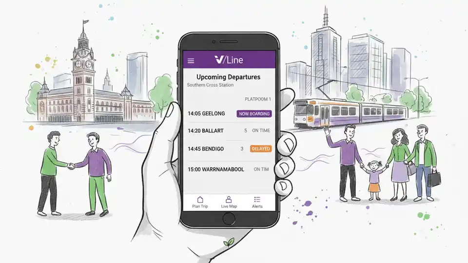 Smartphone screen displaying transit app interface with train departure times and platform information, V/Line branding visible