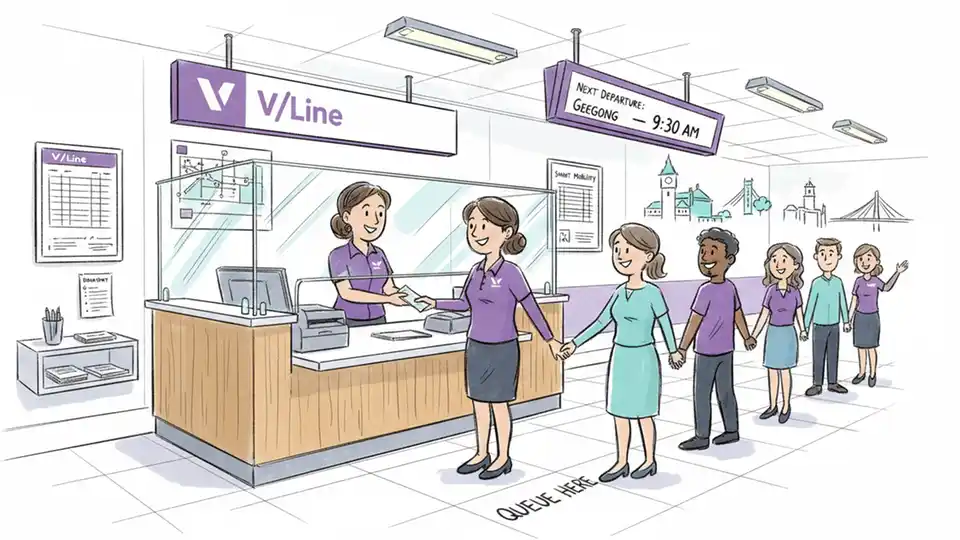 V/Line ticket counter at staffed station with customer service representative