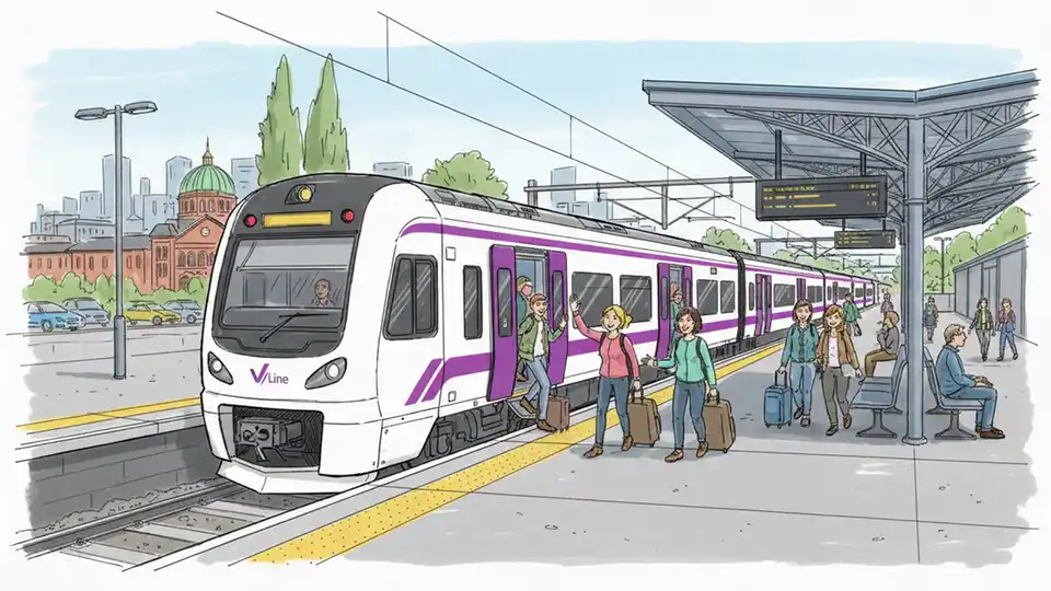 V/Line regional train at platform with passengers boarding
