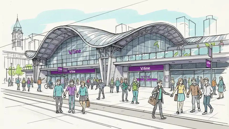 Southern Cross Station exterior with V/Line signage and entrance