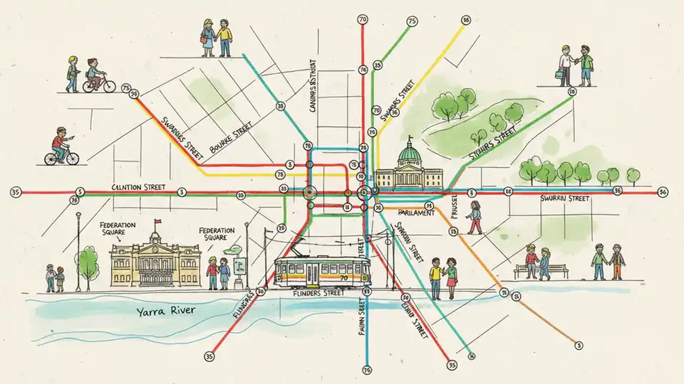 Melbourne tram network map showing Flinders Street and Spring Street intersection in city center