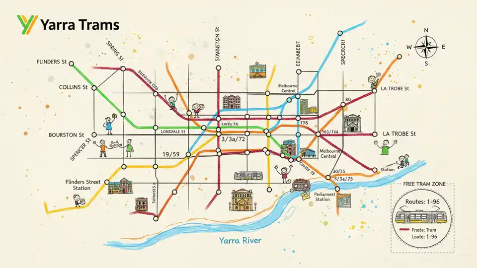 Yarra Trams route map showing Melbourne CBD tram lines and major street intersections