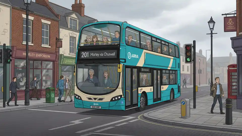 Arriva UK Bus on Route 201 traveling through Morley town center with passengers visible through windows